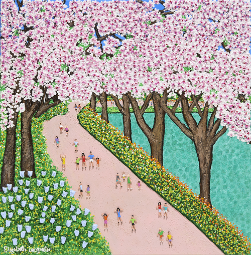 Cherry Blossoms Seokchon Lake석촌호수의 벚꽃, 2025, Mixed Media On Canvas, 76 x 76 cm, ©ElizabethLangreiter, 제공 (주)디커뮤니케이션