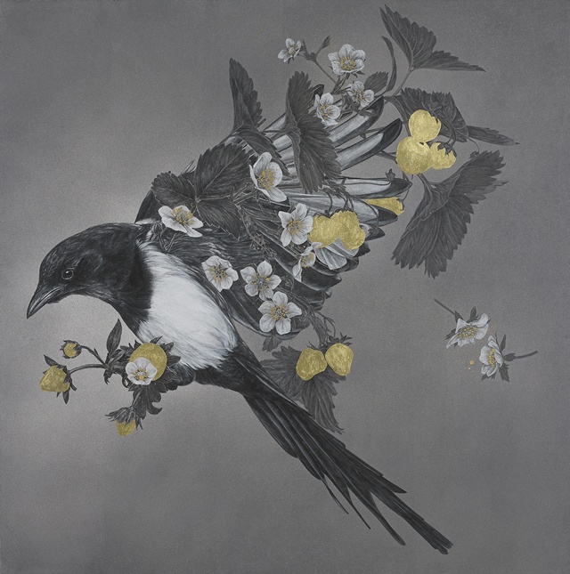 허은오, the secret workings of nature, 2023, Black ink, 24k gold leaf on Korean paper, 80.3 × 80.3 cm. 이미지 금산갤러리