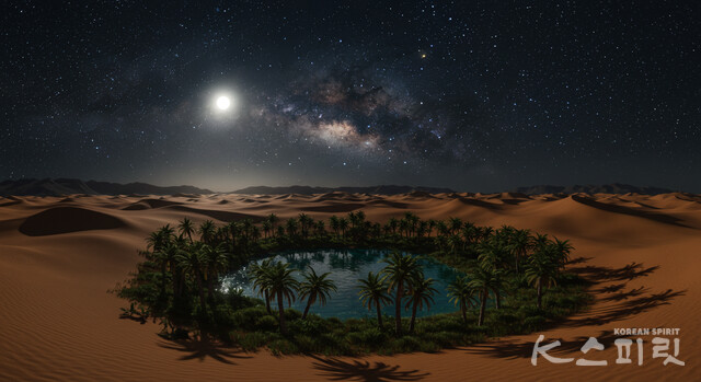 중앙아시아 사막의 밤 오아시스. 사진 AI생성이미지.