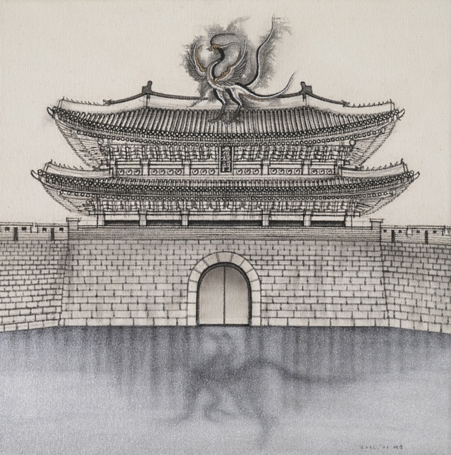 이여운, 주작도-숭례문, 2022, 캔버스천에 수묵과 은분, 50x50cm. 이미지 서울아트나우