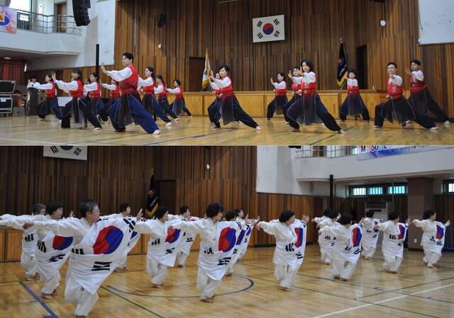 지난 18일 열린 ‘2025 서울시생활체육대축전 국학기공대회’에서 우수한 성적을 거둔 강남rn팀(위), 관악구팀(아래). 사진 서울시국학기공협회.