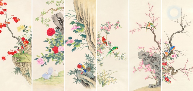 신명연화조도 6폭, 2024, 한지에 수간분채, (149.5x51.5cm)x6. 이미지 갤러리은