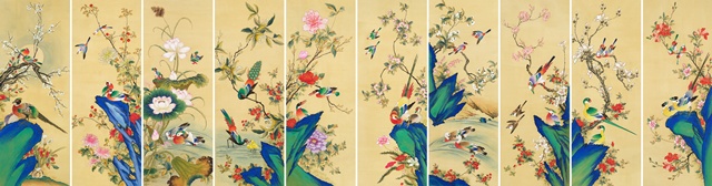 화조도10폭, 2025, 견에 수간분채, (107.5x40cm)x10. 이미지 갤러리은