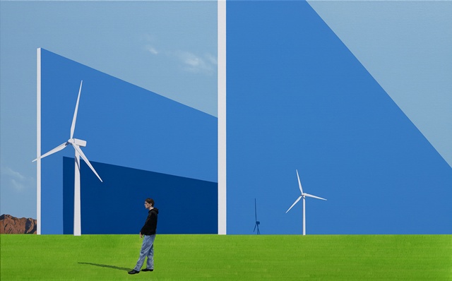 The man looking at something under the blue wall, 2025, Oil on Canvas, 72.7 x 116.8cm. 이미지 갤러리조은