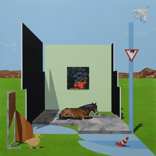 A mint-colored wall and a burning car, 2025, Oil on Canvas, 130.3x130.3cm. 이미지 갤러리조은