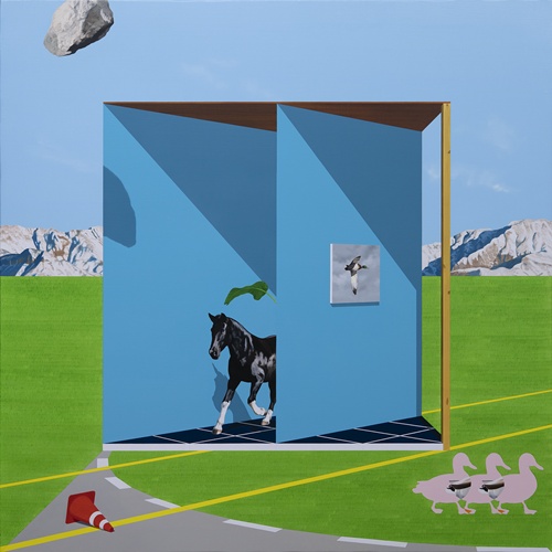A strange structure and a falling stone, 2025, Oil on Canvas, 130.3 x 130.3cm. 이미지 갤러리조은