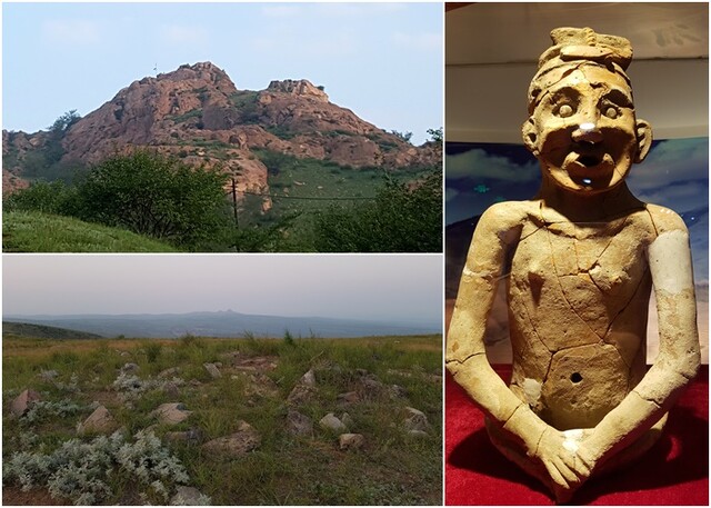 (왼쪽 위) 내몽고 자치구 적봉시 홍산문화 유적지. (왼쪽 아래) 성산자산성-단군조선시기 천문관측 유적지. (오른쪽) 홍산조신상(흥륭와문화시기 흙으로 빚은 남신상. 사진 민성욱 교수 제공.