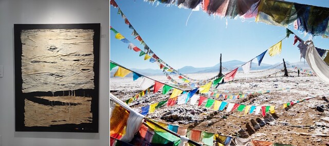 (왼쪽) 김수경 작가의 작품 '하늘과 땅' 전체. (오른쪽) 히말라야 지역의 타르초 깃발. 사진 강나리 기자, 티벳 투어 누리집 갈무리.