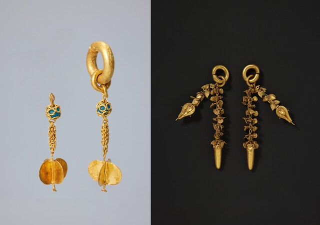 (왼쪽) 공주 왕릉원 2호분 출토 장식 귀걸이(백제 웅진기 초기)과 (오른쪽) 무령왕릉 왕비 귀걸이(백제 웅진기 후기) 비교. 사진 국가유산청