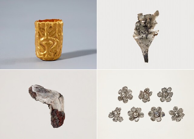 (시계방향으로) 공주 왕릉원 2호분 출토 장식칼 부속, 나뭇잎 장식, 은제 화형장식 모둠, 장식칼 환두부 편(칼 손잡이 고리 장식 편). 사진 국가유산원.