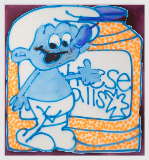 캐서린 번하드Katherine Bernhardt, Smurf and Cheese Balls, 2020, acrylic and spray paint on canvas, 198.1x182.9cm. 이미지 아뜰리에아키