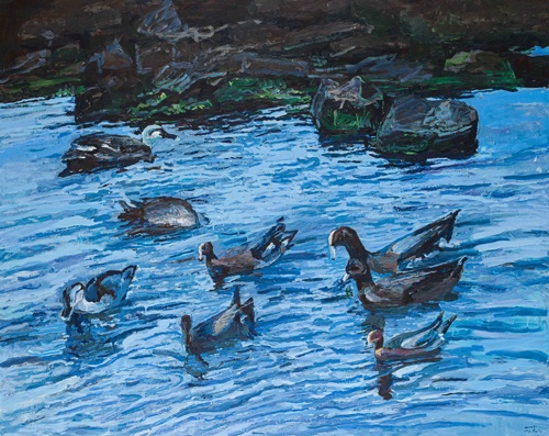 김용주, 어디로 가지, 2025, 캔버스에 아크릴, 먹, 130.3x162.2cm. 이미지 초록동색