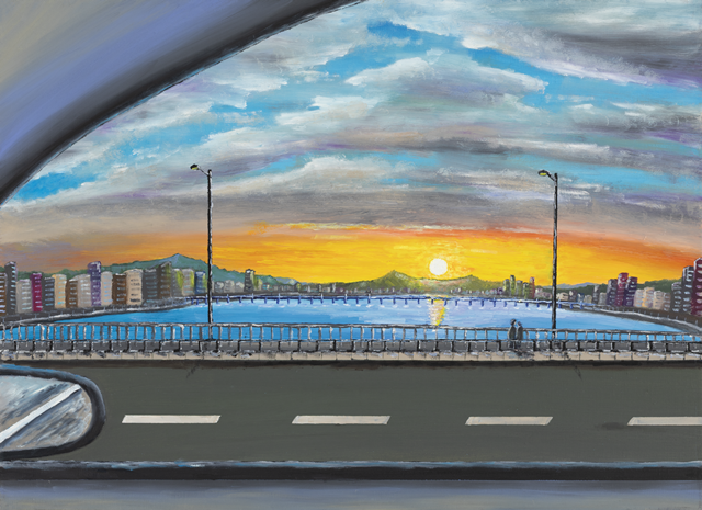 해질녘 동호대교를 건너며, 2025. 2, 한강 동호대교, oil on canvas, 72.7×53.0cm. 이미지 조경철