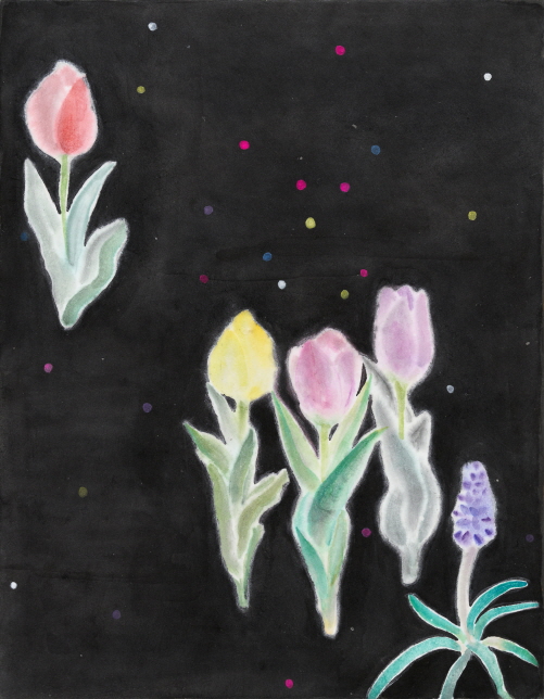 로지은, Your name is Tulip, 2025, 장지에 먹, 분채, 40.9 x 31.8 cm. 이미지 눈컨템포러리