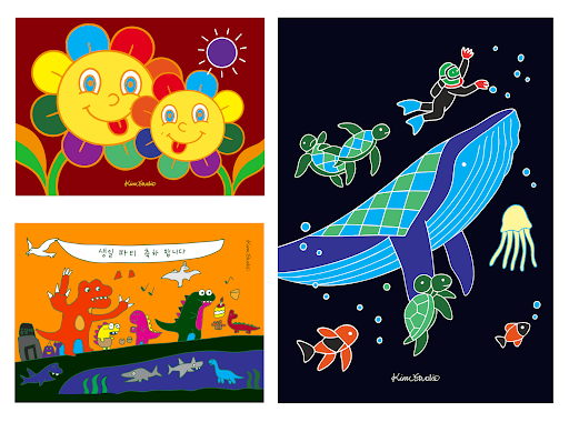 (오른쪽 위에서 시계방향으로) 송태양(헬로우, 데얼!),  서문지윤(웨얼 이즈 웨일), 최재용(다이노파티) 예비 디자이너의 작품. 이미지 키뮤스튜디오 제공