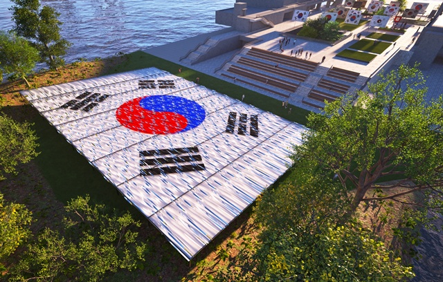 잔디마당에 설치될 노들섬에 부는 바람(wind)과 시민들의 바람(wish)을 미래적 이미지로 형상화한초대형 태극기 설치미술(40m*26.6m) 가상 이미지. 제공 서울문화재단