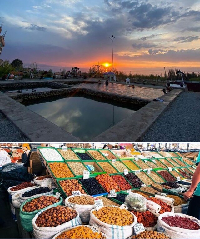 (위) 카지사이 마을 누르 온천. (아래) 오쉬 시장. 사진 명상여행사.