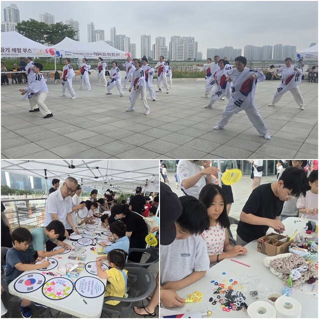 (위) 인천국학기공협회 회원들의 태극기공 공연. (아래) 광복절 부채와 광복절 키링 만들기 체험을 하는 시민들. 사진 인천국학원.