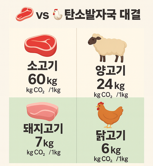출처: Poore & Nemecek, 2018 (Science)/ 육류별 1kg 생산 당 탄소배출량 AI생성 이미지