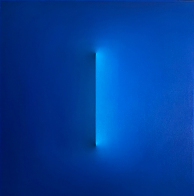 Enrico Embroli , BLUE AURA,  2024,  Oil, Canvas on handmade stretcher bars, 32×32×4.5cm. 이미지 스텔라갤러리