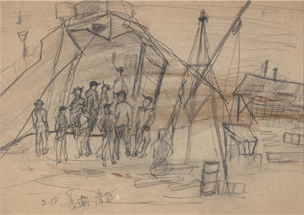 류경채, 묵호(墨瑚)부두, 연도 미상, 종이에 연필, 39.5×50.4cm. 이미지 엄미술관 제공