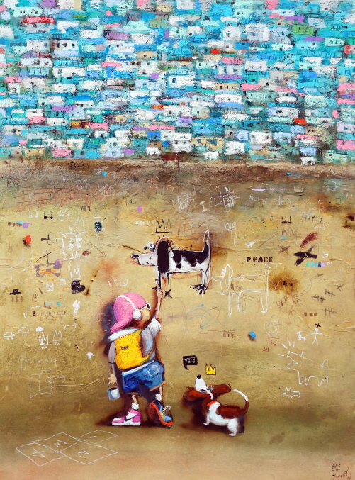 이은황,수고했어 오늘도 - Story wall story, 2025, Mixed media on canvas,  130 x 97cm. 이미지 갤러리벨비 제공