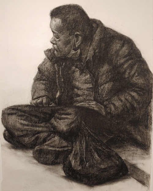 까망봉투, 2022, 장지에 콘테, 105x148cm. 이미지 두나마아트큐브 제공