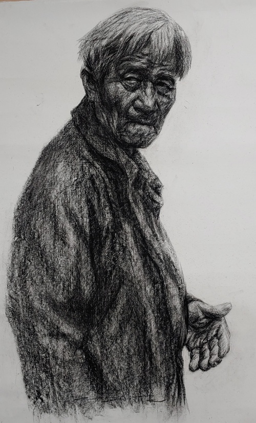 뭘 봐, 2021, 장지에 콘테, 74x105cm. 이미지 두나무 아트큐브 제공