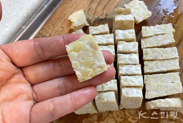 발효콩으로 만들어 단백질이 풍부한 비건 콩고기 '템페'. 사진 백연지 시민기자.