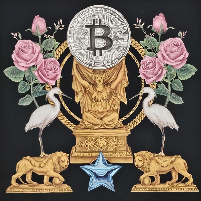 고은주, The talisman of wealth, 2024, Mineral color, silver and gold leaf on silk, 45.5x45.5cm. 이미지 이젤리