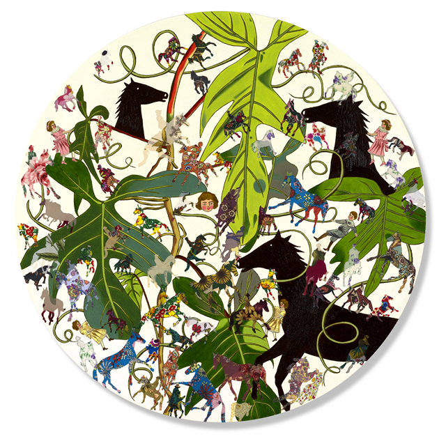 유화수, Unrealistic space-A walk on Malmeori Mountain, 2025, Fabric, Oil on acrylic canvas, 60cm diameter. 이미지 이벨리