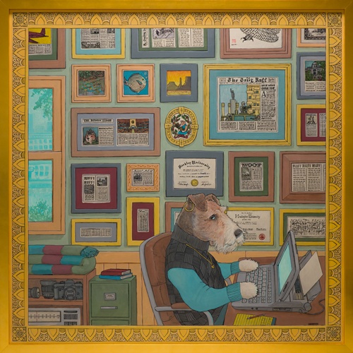 크리스 미소, Dog Journalist, 2025, Acrylic on panel, 100 x 100 cm. 이미지 이벨리