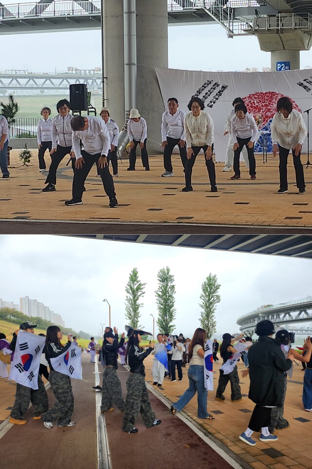 (위) 세종시 국학기공 동호인들의 개천 퍼포먼스. (아래) 흥겨운 개천 퍼포먼스. 사잔 금강수변공원학교 마을공동체.