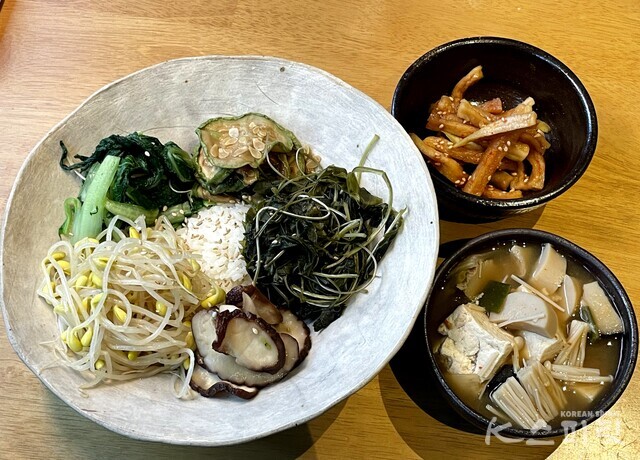 밥은 덜고 나물 듬뿍 속편한 원팬 비빔밥. 사진 백연지 시민기자.
