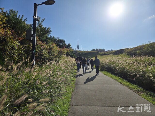 10월 19일 오전 10시 제7회 선도문화축제 한마당 현장으로 향하는 참가자들. 멀리 남산타워가 보인다. 사진 강나리 기자.
