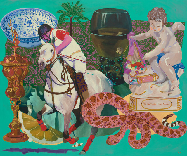 Andy Dixon, Teal Composition with Snake, 2025, Acrylic and oil pastel on canvas, 140x116.8cm. 이미지 아뜰리에아키