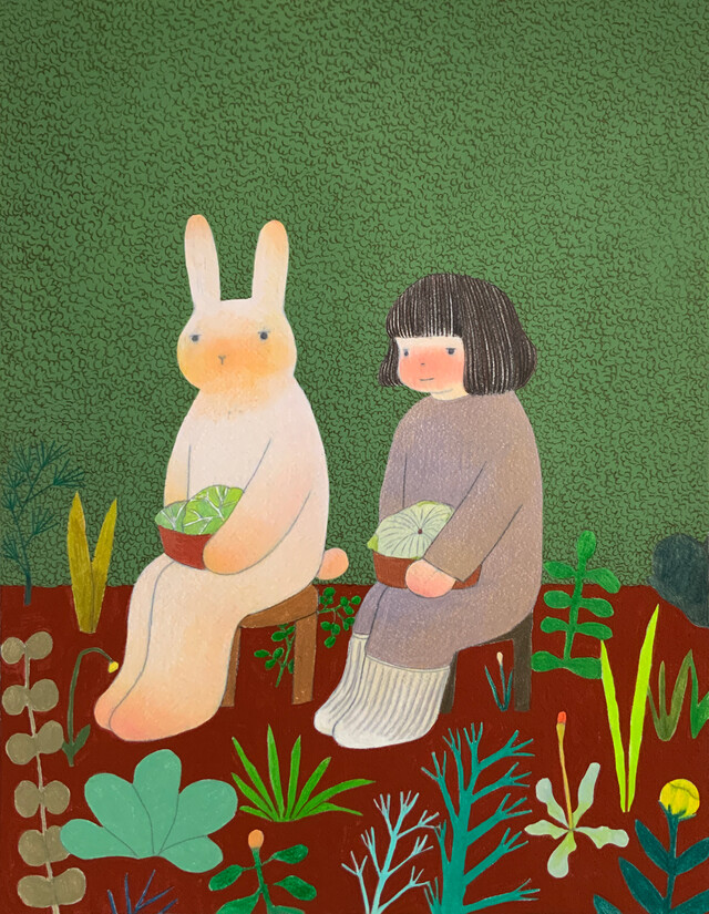 김한나, 수확 Harvest, 2025, Oil pastel, colored pencil, acrylic on paper, 40x30cm. 이미지 아뜰리에아키