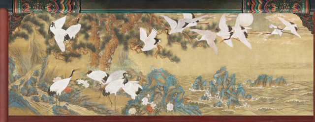 창덕궁 부벽화 중 순종황제 부부의 침전이던 대조전에 걸린 '백학도'. 사진 국가유산청.