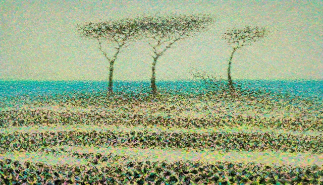 소나무가 보이는 풍경, 2025, oil, acrylic on canvas, 112.1x193.9cm. 이미지 백성원