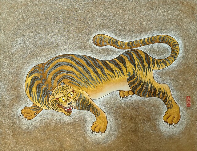 이예상 작가의 독창적인 민화회화 전시 '빛의 정원'이 12월 3일~7일 천안 삼거리갤러리에서 열린다. 작품 '내 안의 호랑이-내면의 힘을 깨우다'/ 순지에 채색/ 2025. 사진 이예상 작가.