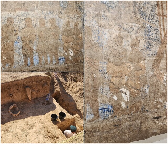 (시계방향으로) 아프로시압 성의 벽화 중 사신단 행렬 중 끝에 조우관(머리 양 옆에 새깃털이 달린 모자)을 쓴 두명의 고구려 사진들, 고구려 사신 부분 확대, 아프로시압 성 발굴터. 사진 윤명철 교수